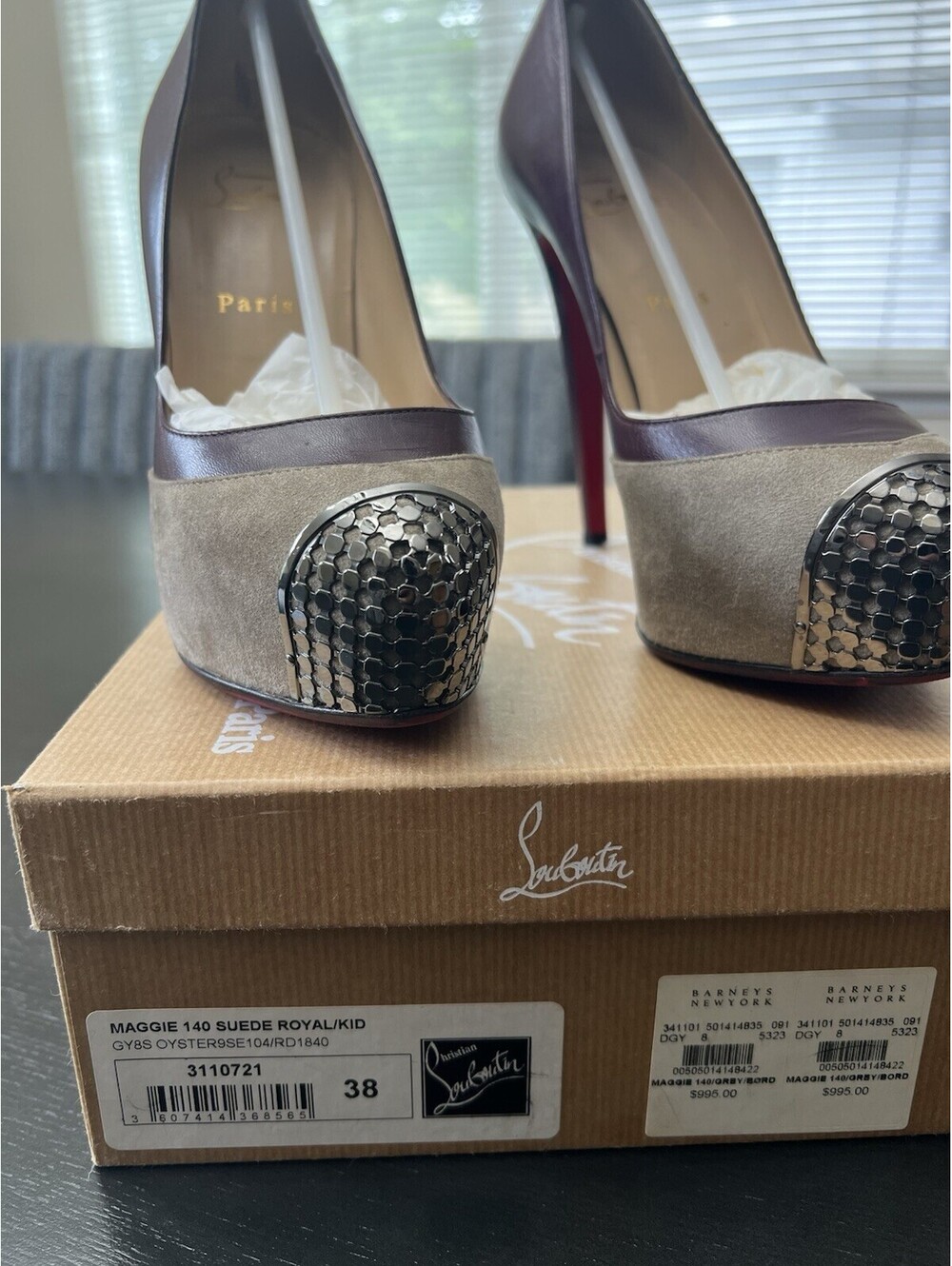 Christian Louboutin Maggie 140 Suede Royal Heels EU 38 US 8 Gray Burgundy Pump